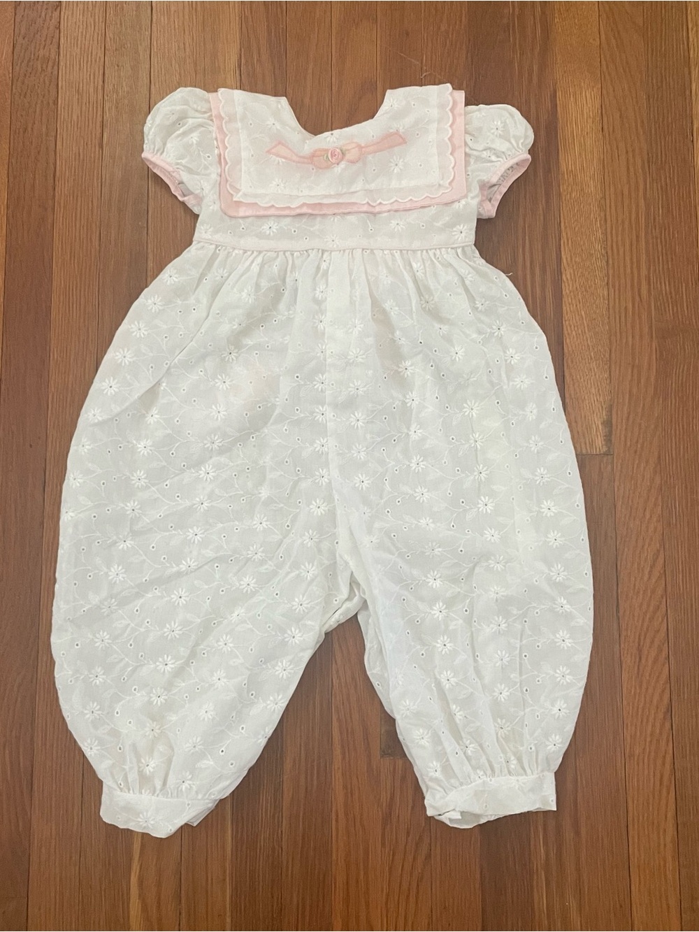 Vintage White and Pink Eyelet Baby Bubble Romper